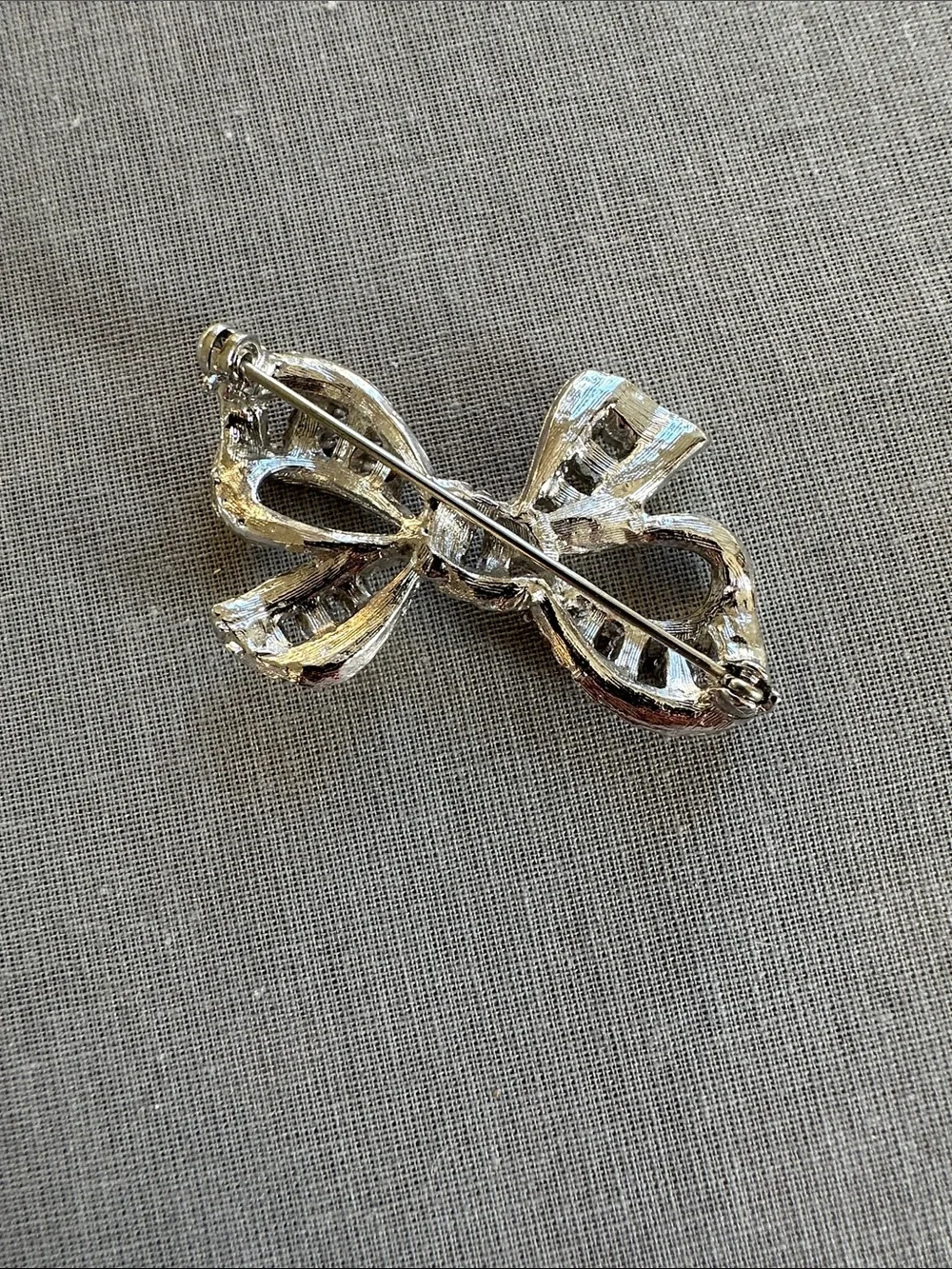 Crystal Bow Brooch Pin - Silver Tone - Picture 2 of 3